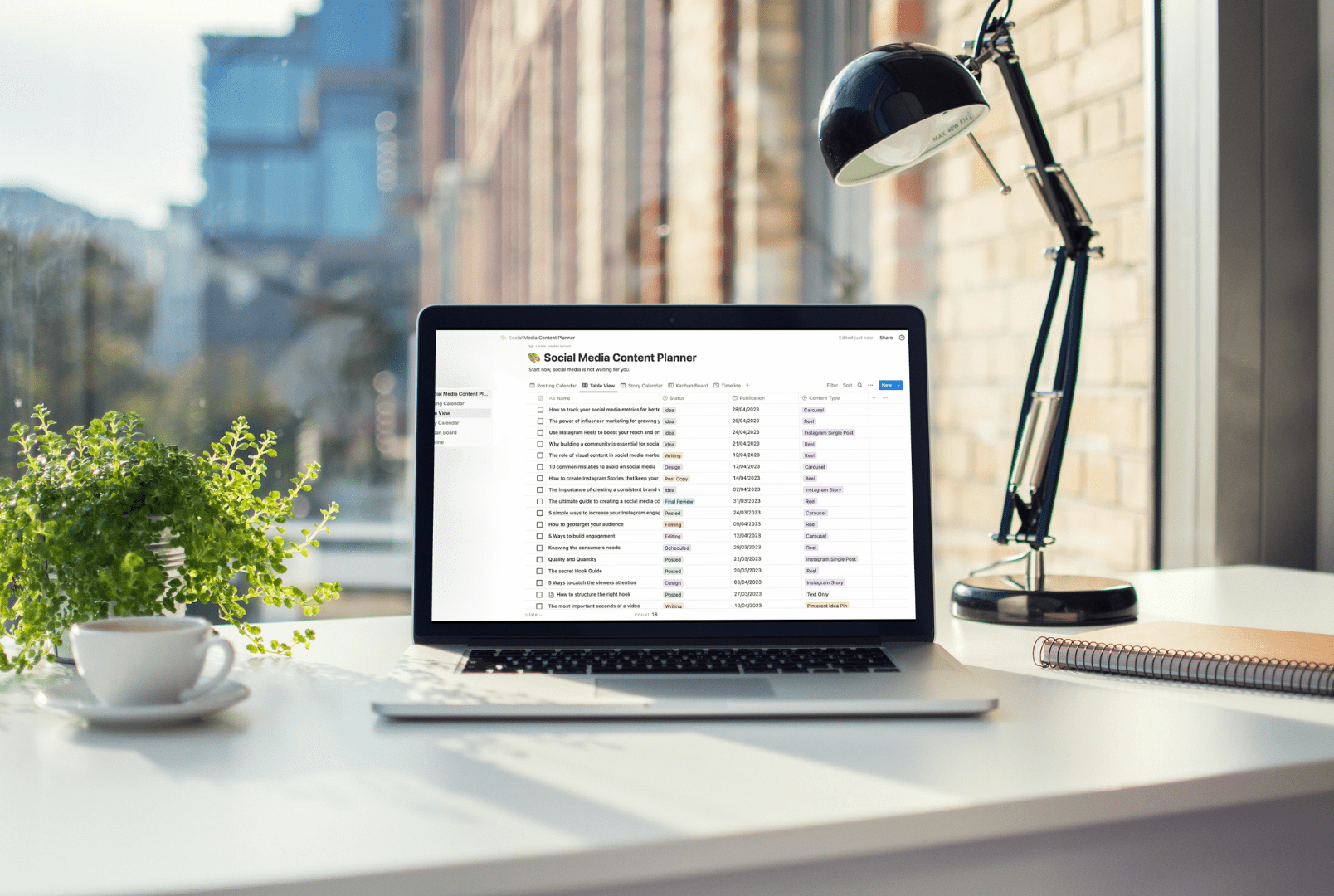 notion_social_media_content_planner_enriquestory_real Notion Social Media Planner by Enriquestory that is displayed on a MacBook Pro. You can see the table view of the planner that shows all the entries and ideas that were collected.